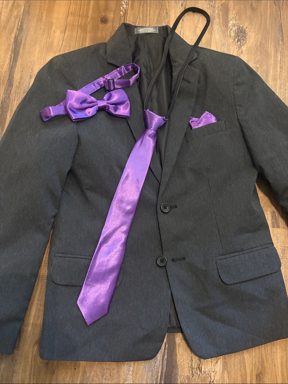 Van Heusen Black Blazer with Purple Tie, Bow Tie & Pocket Square and pants